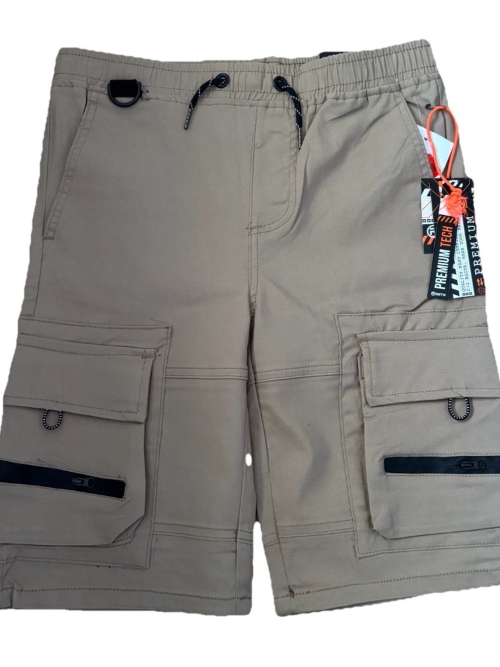 RGSTR Boys Premium Tech Cargo Shorts with Elastic Waist in Khaki - 14/16